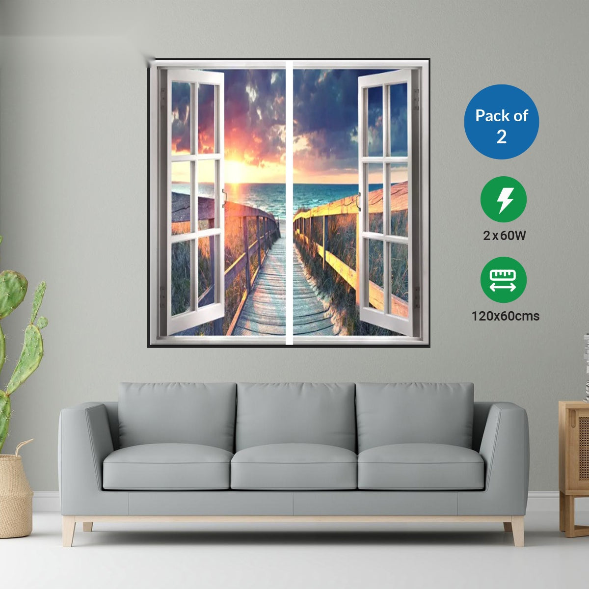 LED Window Panel Set, 120x60cm, Bridge Beach, 120W