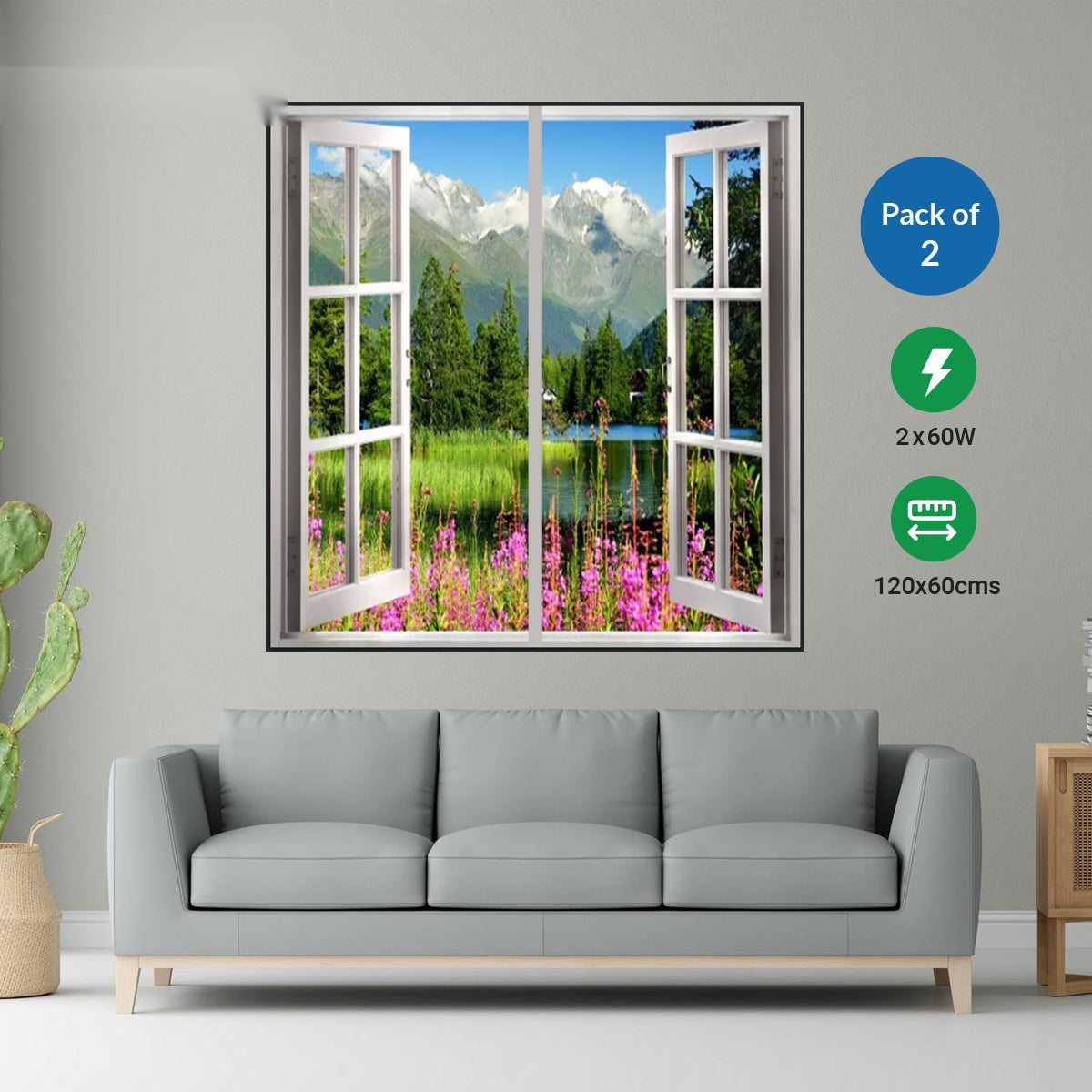 LED Window Panel Set, 120x60cm, Cloud Mountains, 120W