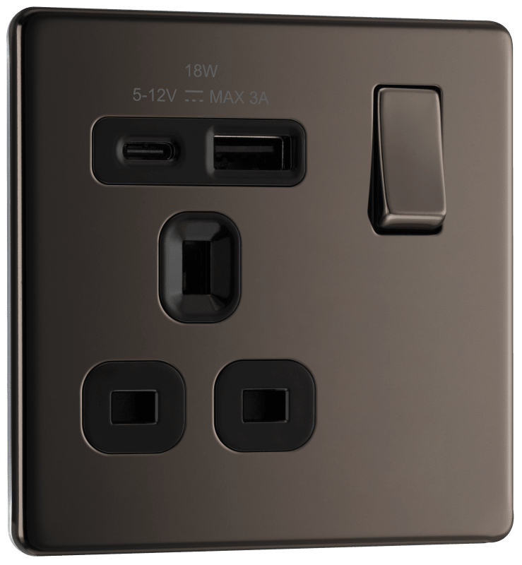 BG Nexus Screwless Flatplate Black Nickel Single, switched, single pole, with 1 x USB A + 1 x USB C - FBN21UAC18B-01