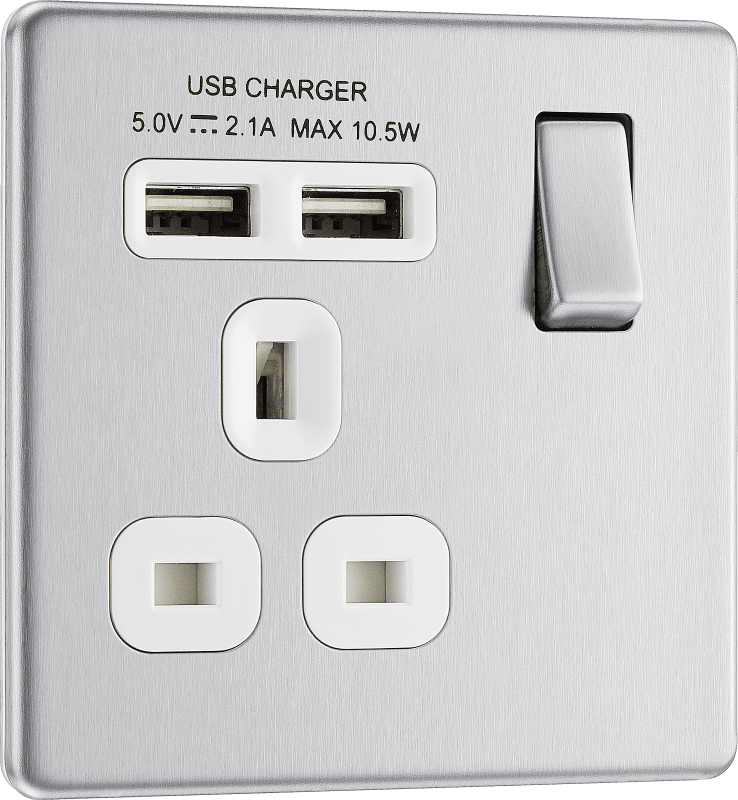 BG Nexus Screwless Flatplate Brushed Steel Single switched, single pole, with 2 x USB A - FBS21U2W-01