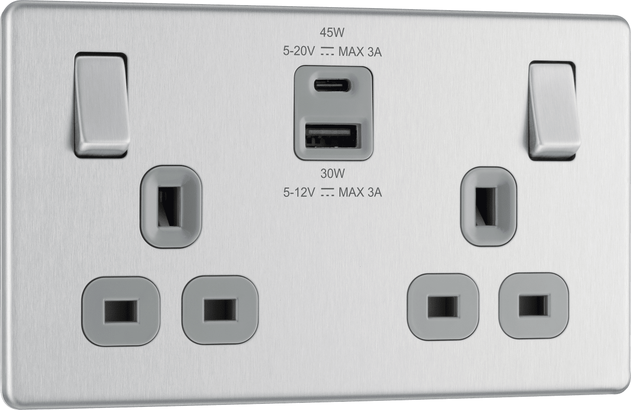 BG Nexus Screwless Flatplate Brushed Steel Double switched single pole, with USB A + C (45W) - FBS22UAC45G-01
