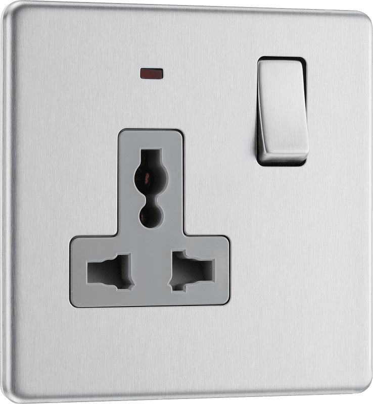 BG Nexus Screwless Flatplate Brushed Steel Single, switched, universal with indicator (export only) - FBS27LG-01
