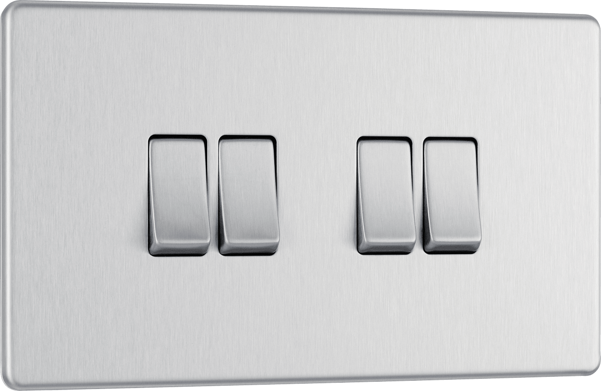 BG Nexus Screwless Flatplate Brushed Steel Quadruple, 2 way switch - FBS44-01