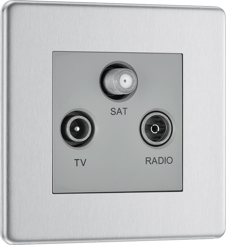 BG Nexus Screwless Flatplate Brushed Steel Triple TV/FM/SAT triplex - screened - FBS67-01