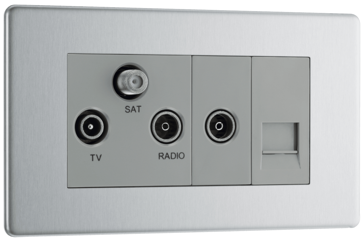 BG Nexus Screwless Flatplate Brushed Steel Triplex with BT outlet and co-axial return - screened - FBS68-01