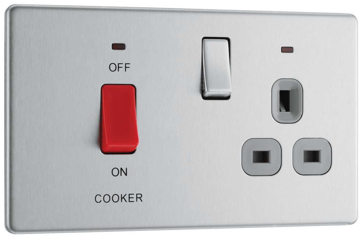 BG Nexus Screwless Flatplate Brushed Steel 45A double pole, with switched socket and indicators - FBS70G-01