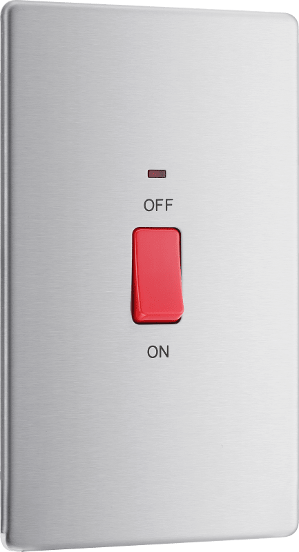 BG Nexus Screwless Flatplate Brushed Steel 45A, double pole, large plate, with indicator - FBS72-01