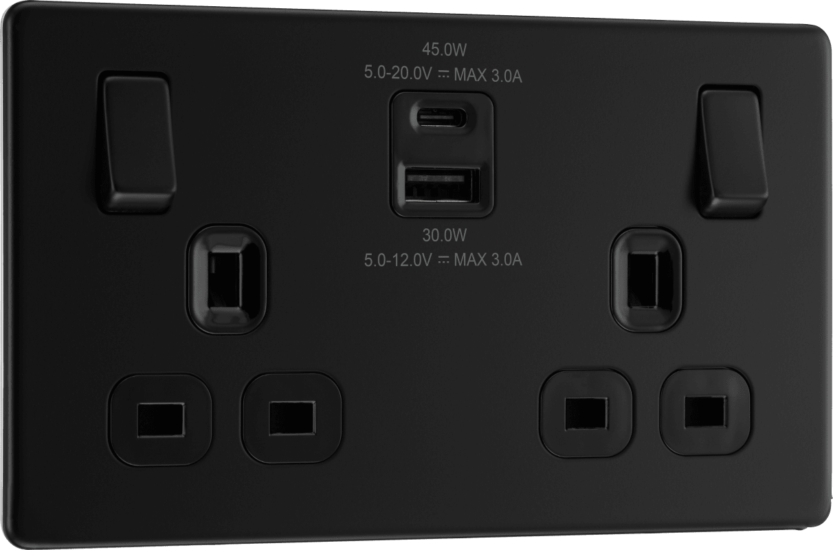 BG Nexus Screwless Flatplate Matt Black Double switched single pole, with USB A + C (45W) - FFB22UAC45B-01