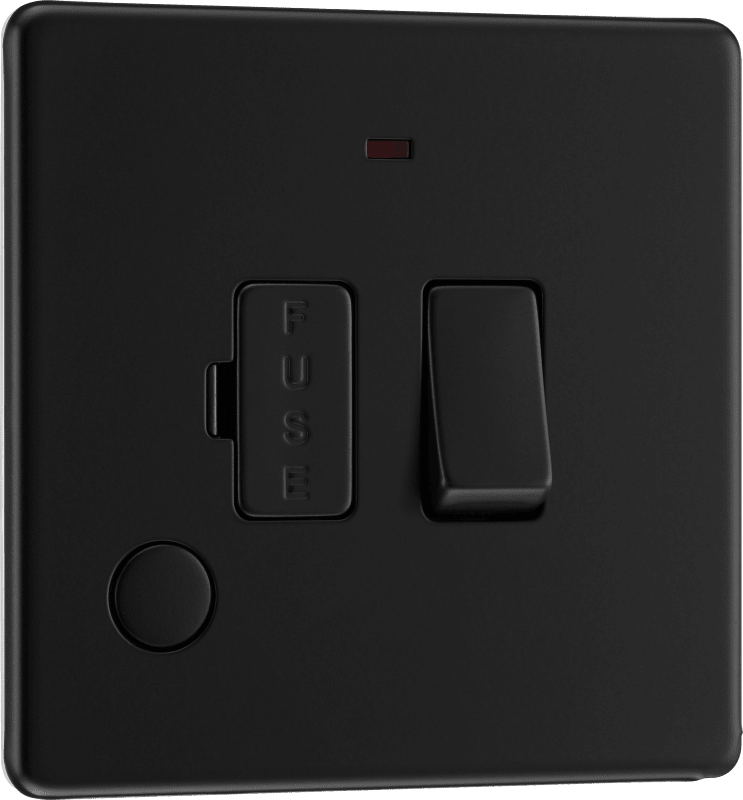 BG Nexus Screwless Flatplate Matt Black Switched and fused with indicator and flex outlet - FFB53-01