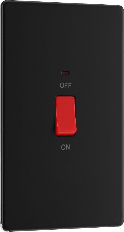 BG Nexus Screwless Flatplate Matt Black 45A, double pole, large plate, with indicator - FFB72-01
