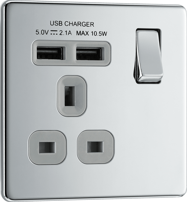 BG Nexus Screwless Flatplate Polished Chrome Single switched, single pole, with 2 x USB A - FPC21U2G-01