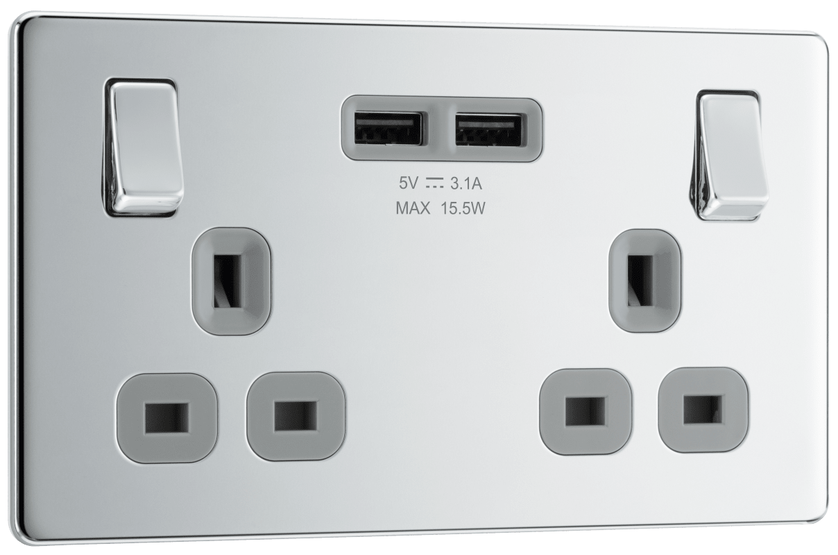 BG Nexus Screwless Flatplate Polished Chrome Double switched, single pole, with 2 x USB A - FPC22U3G-01