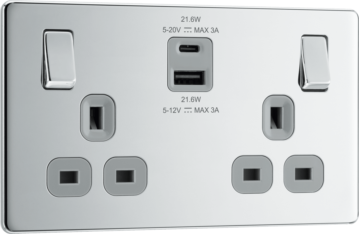 BG Nexus Screwless Flatplate Polished Chrome Double switched single pole, with USB A + C (22W) - FPC22UAC22G-01