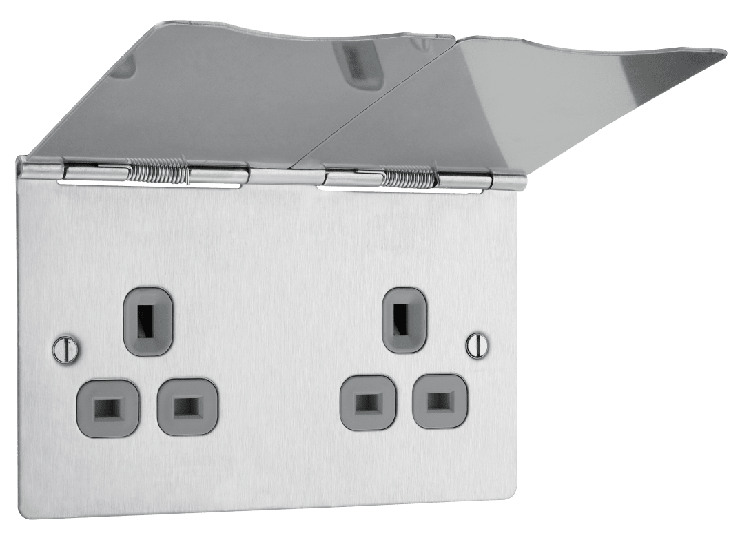 BG Nexus Screwless Flatplate Brushed Steel Double, unswitched, floor socket - SBS24G/FR-02
