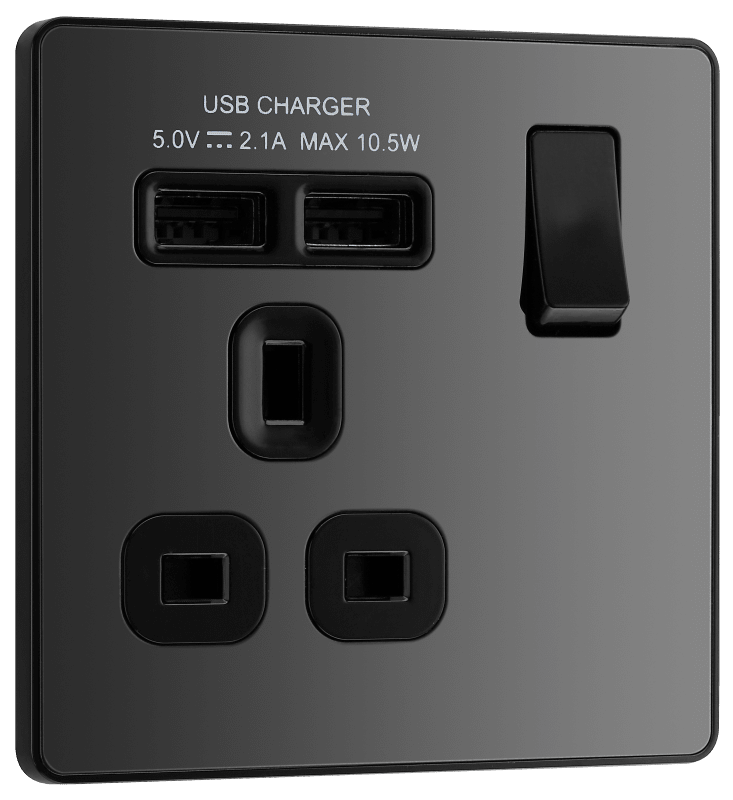 BG Evolve Black Chrome Single, switched, single pole, with 2 x USB A - PCDBC21U2B-01