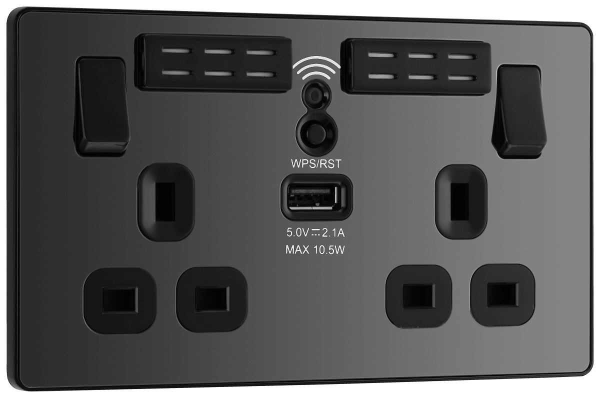 BG Evolve Black Chrome Double, switched, single pole, WiFi Extender + USB A - PCDBC22UWRB-01
