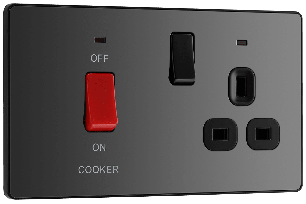 BG Evolve Black Chrome 45A double pole, with switched socket and indicators - PCDBC70B-01