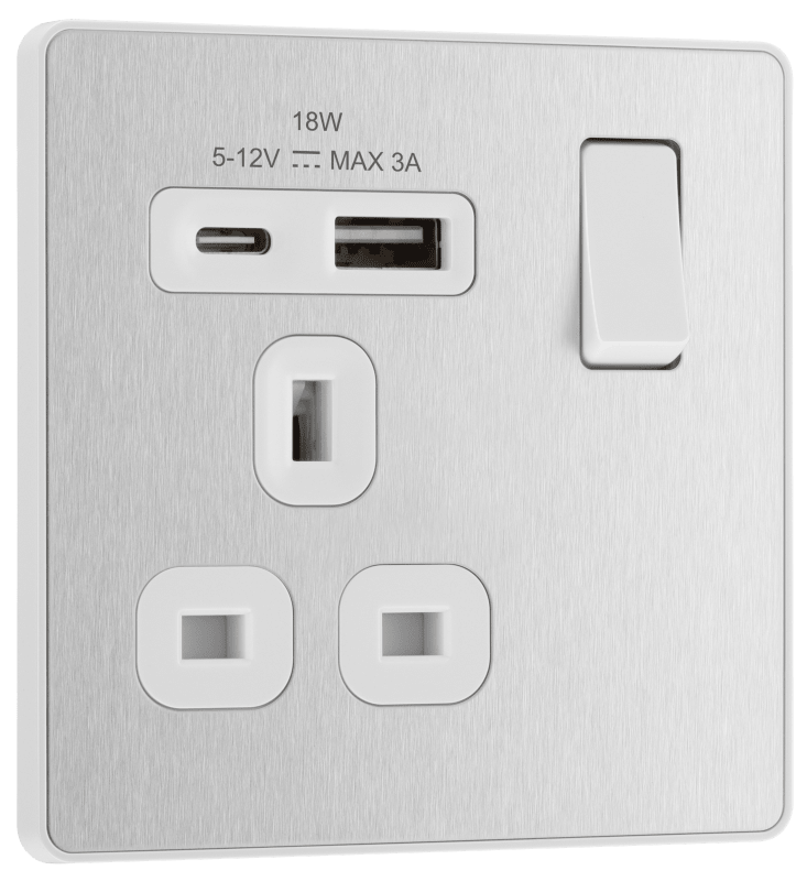 BG Evolve Brushed Steel Single, switched, single pole, with 1 x USB A + 1 x USB C - PCDBS21UAC18W-01