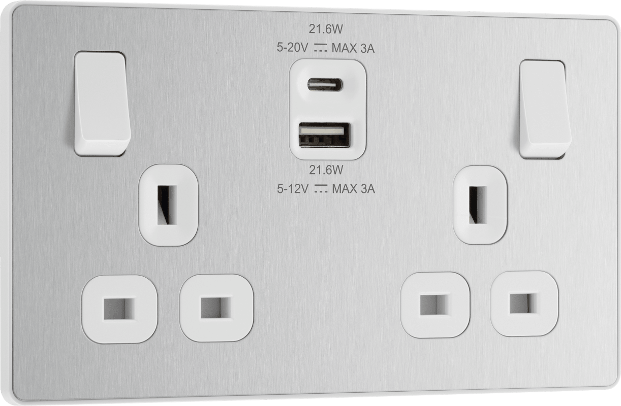 BG Evolve Brushed Steel Double switched single pole, with USB A + C (22W) - PCDBS22UAC22W-01