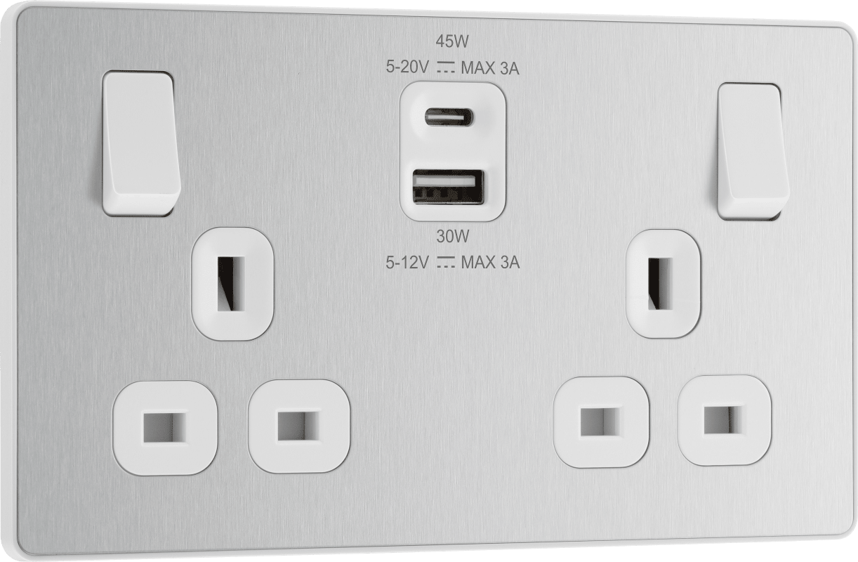 BG Evolve Brushed Steel Double switched single pole, with USB A + C (45W) - PCDBS22UAC45W-01