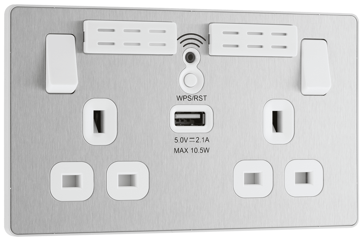 BG Evolve Brushed Steel Double, switched, single pole, WiFi Extender + USB A - PCDBS22UWRW-01