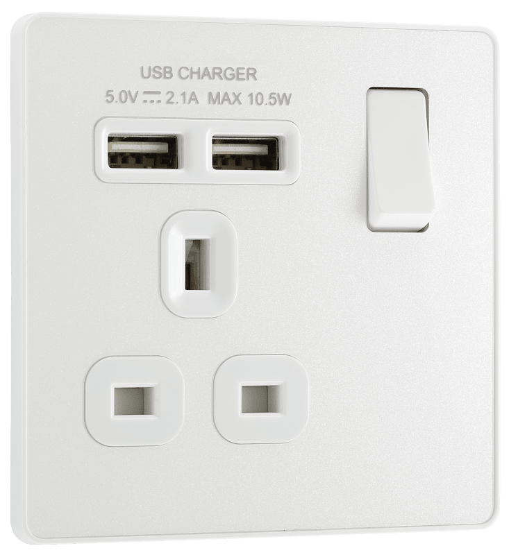 BG Evolve Pearlescent White Single, switched, single pole, with 2 x USB A - PCDCL21U2W-01