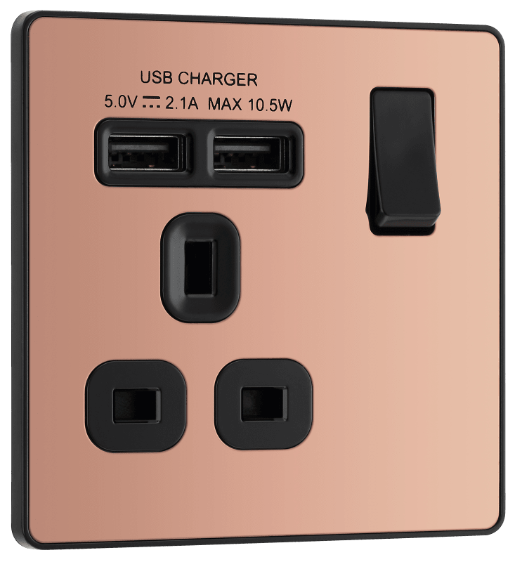 BG Evolve Polished Copper Single, switched, single pole, with 2 x USB A - PCDCP21U2B-01