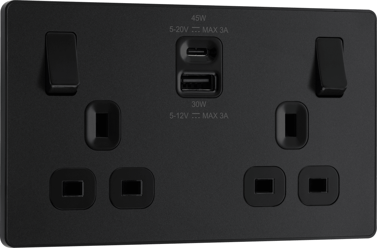 BG Evolve Matt Black Double switched single pole, with USB A + C (45W) - PCDMB22UAC45B-01