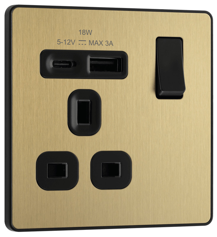 BG Evolve Satin Brass Single, switched, single pole, with 1 x USB A + 1 x USB C - PCDSB21UAC18B-01