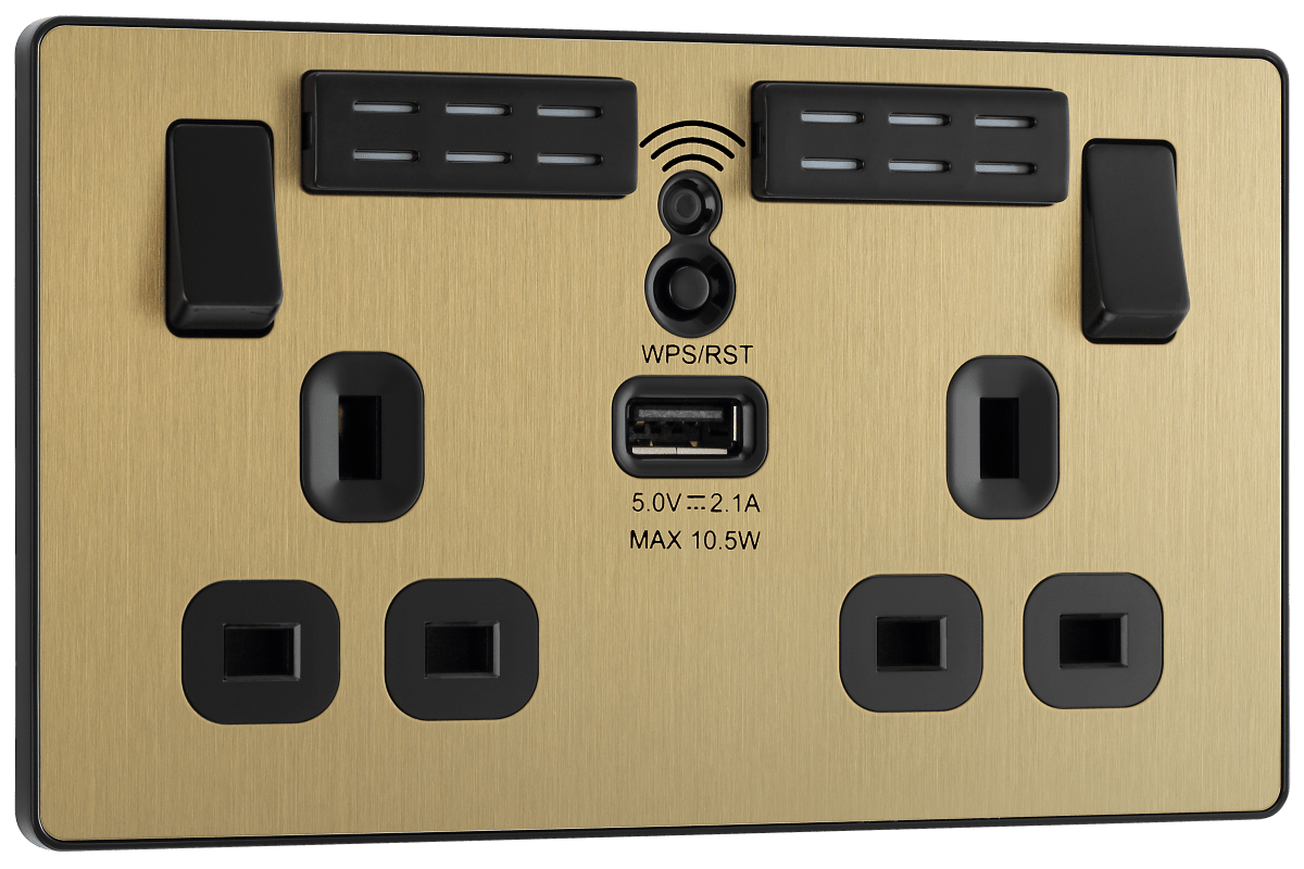 BG Evolve Satin Brass Double, switched, single pole, WiFi Extender + USB A - PCDSB22UWRB-01