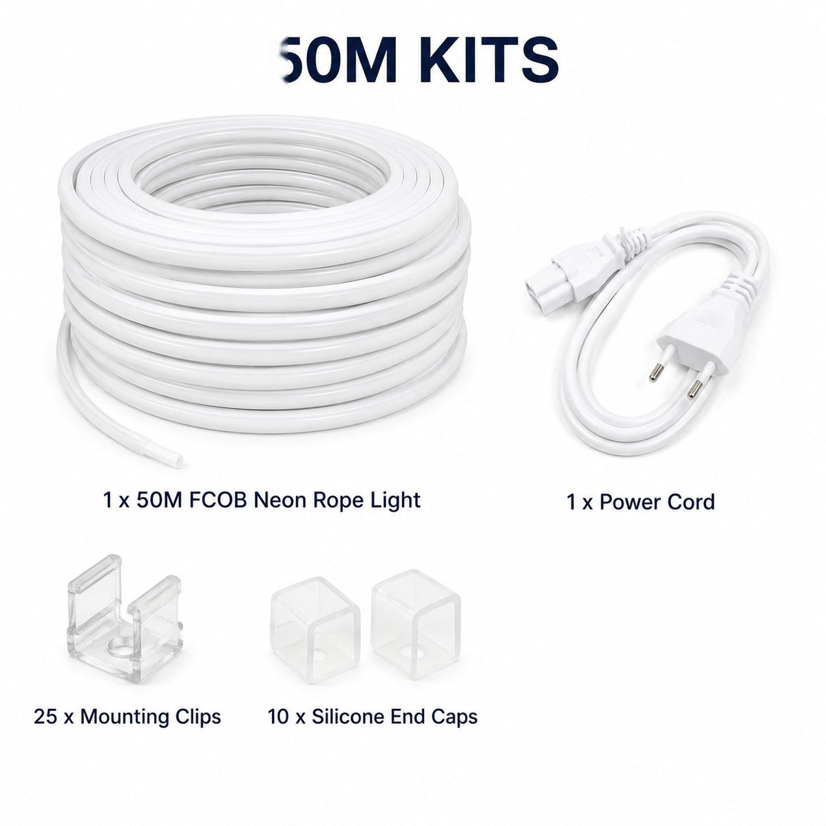 50M FCOB Neon Rope Light Kit, 10W/M, 800Lm/M, 6500K