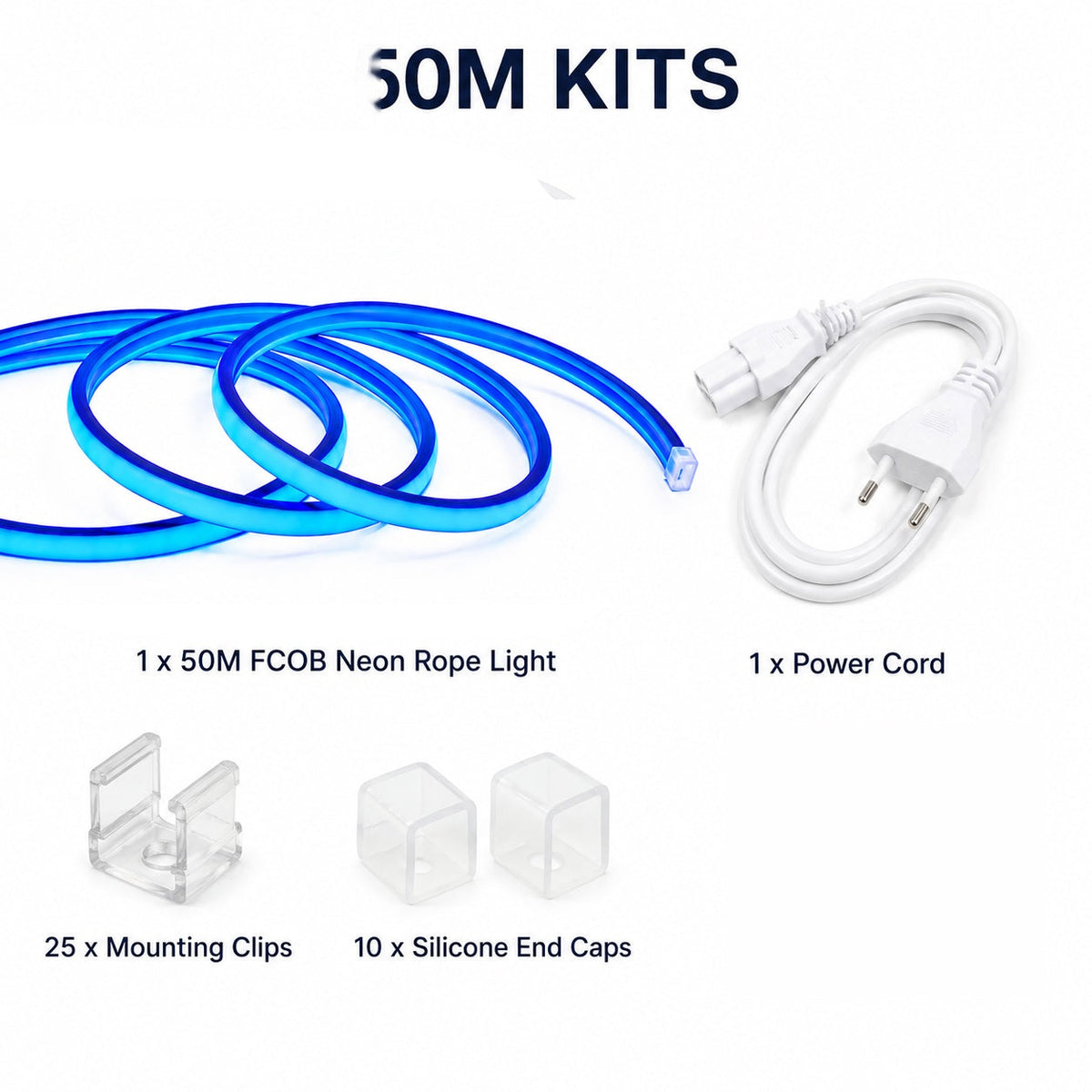 50M FCOB Neon Rope Light Kit, 10W/M, 800Lm/M, Blue