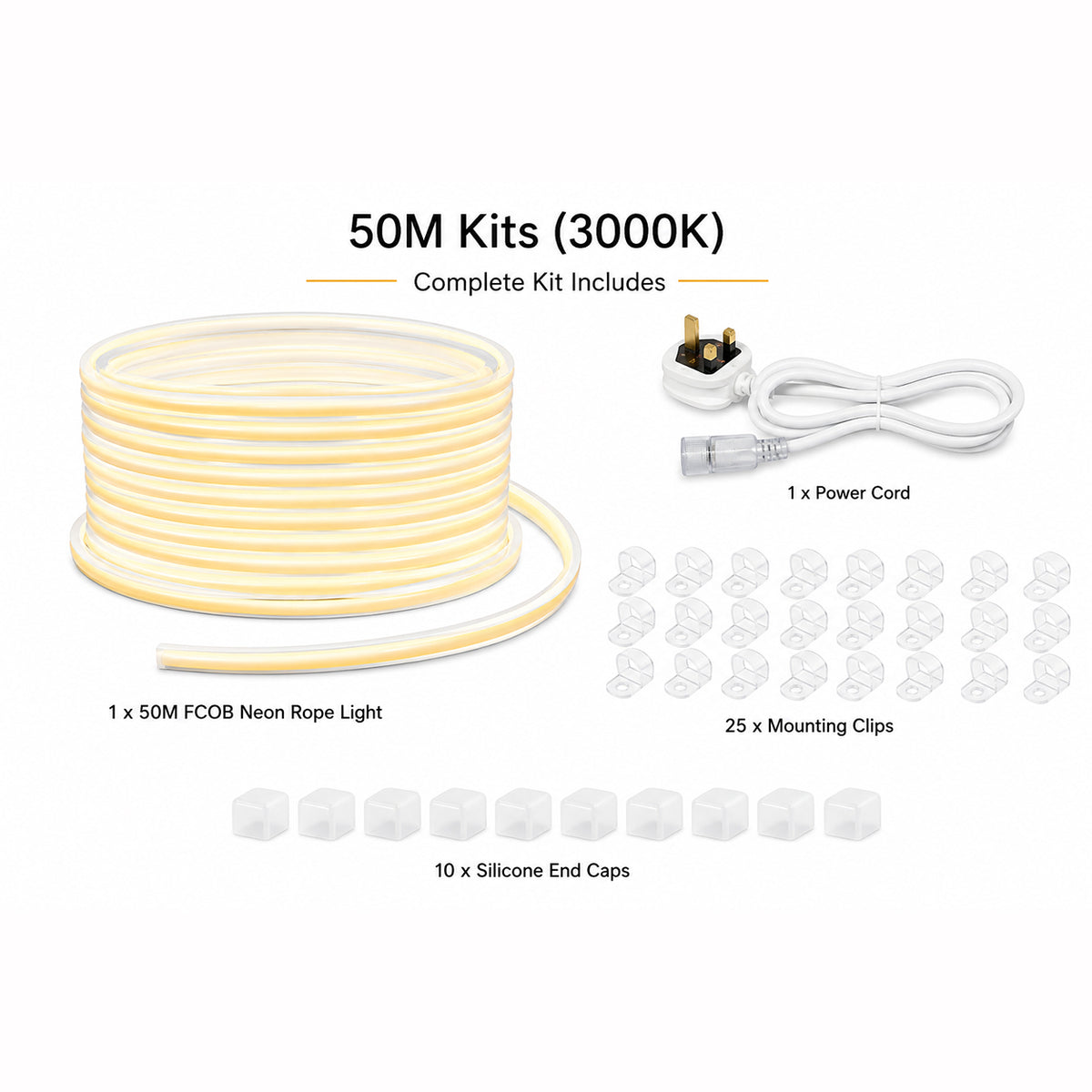 10M FCOB Neon Rope Light Kit, 10W/M, 800Lm/M, 3000K