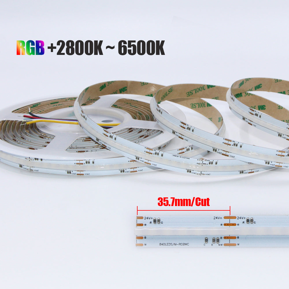 24V RGB+CCT COB Strip Lights, 840 LEDs/M, IP20 (5 Meter Roll)