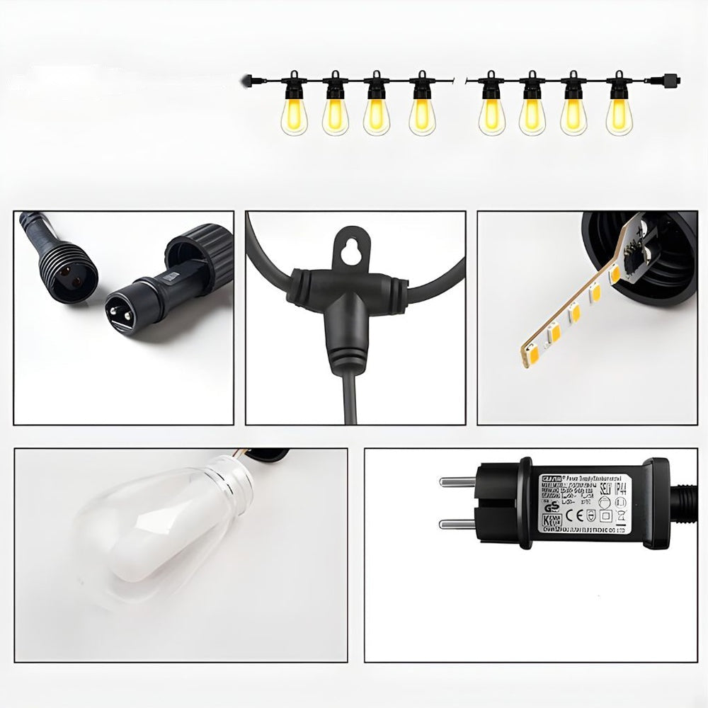 15M LED Bulb String Light Kit with 15 pcs Flame Effect Bulbs & UK Plug, 1800K, IP65 (2pcs extra spare bulbs included)