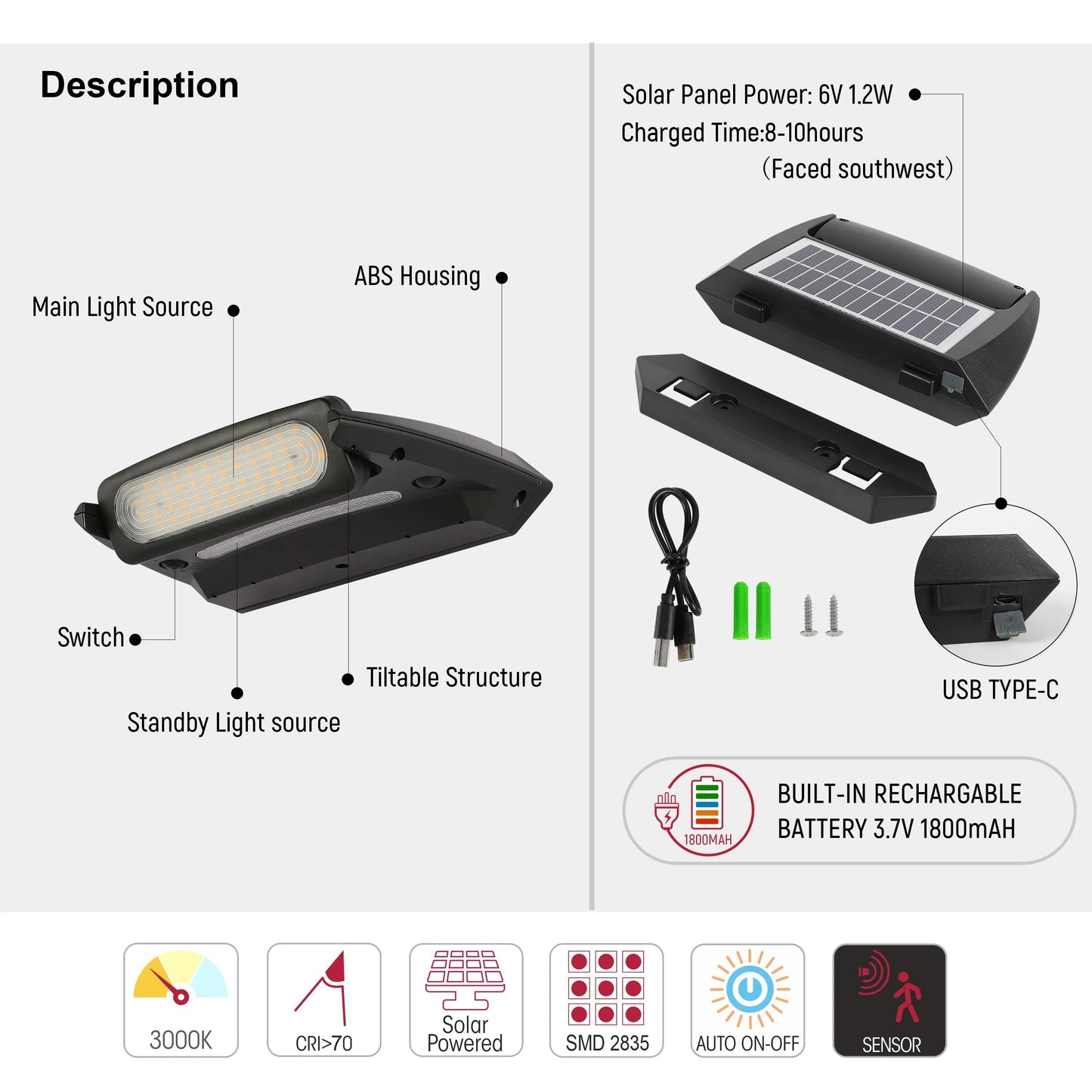 Solar-Powered Tiltable LED Wall Light, Motion Sensor, 3000K Warm White, Rechargeable, Outdoor Use