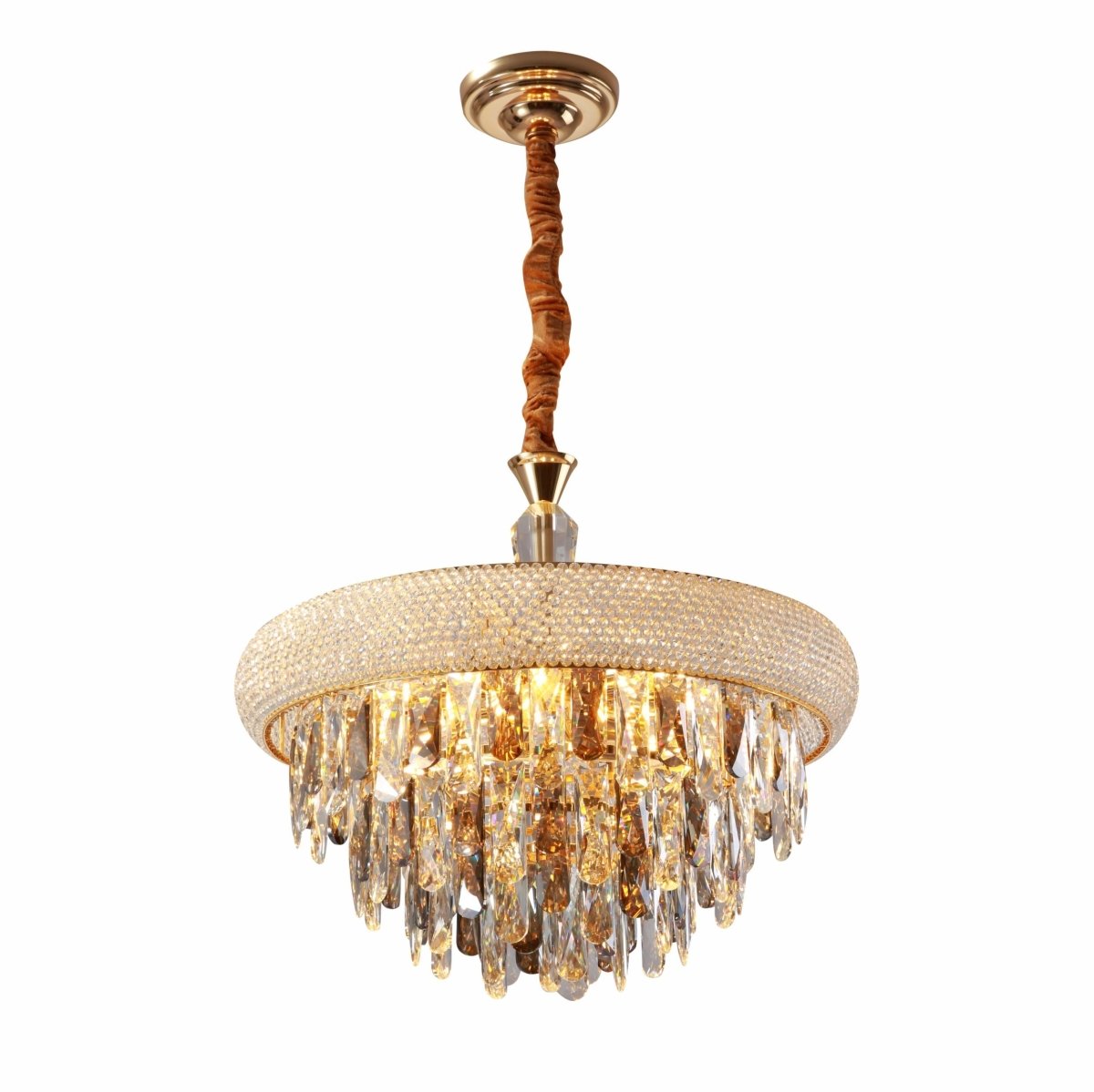 Gold Antique Brass Metal and Crystal Chandelier