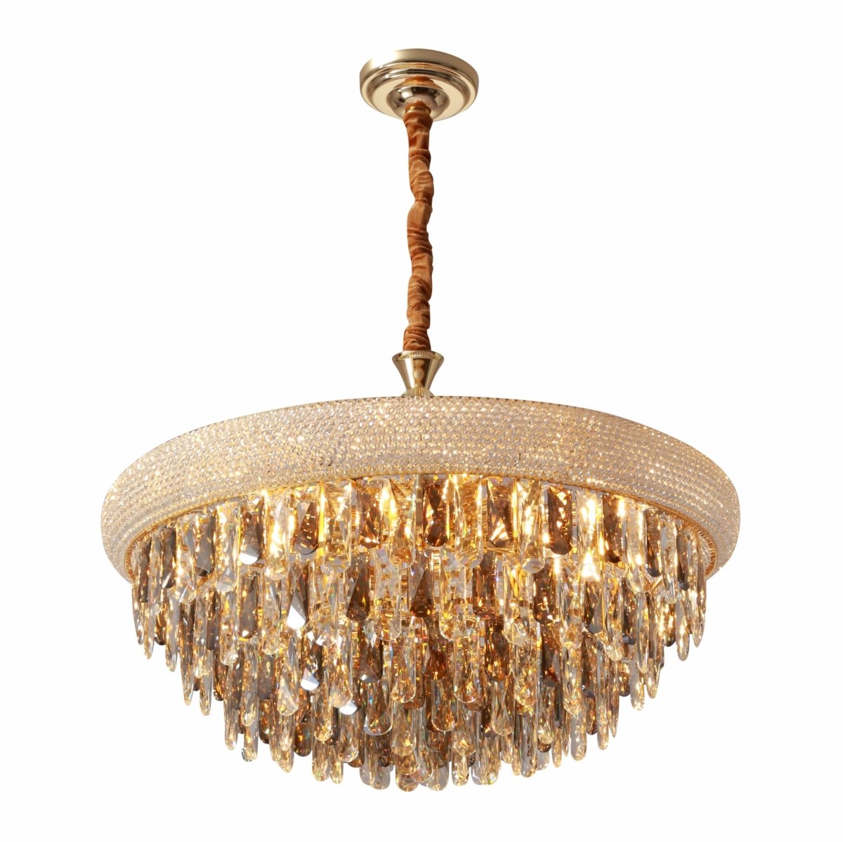 Gold Antique Brass Metal and Crystal Chandelier