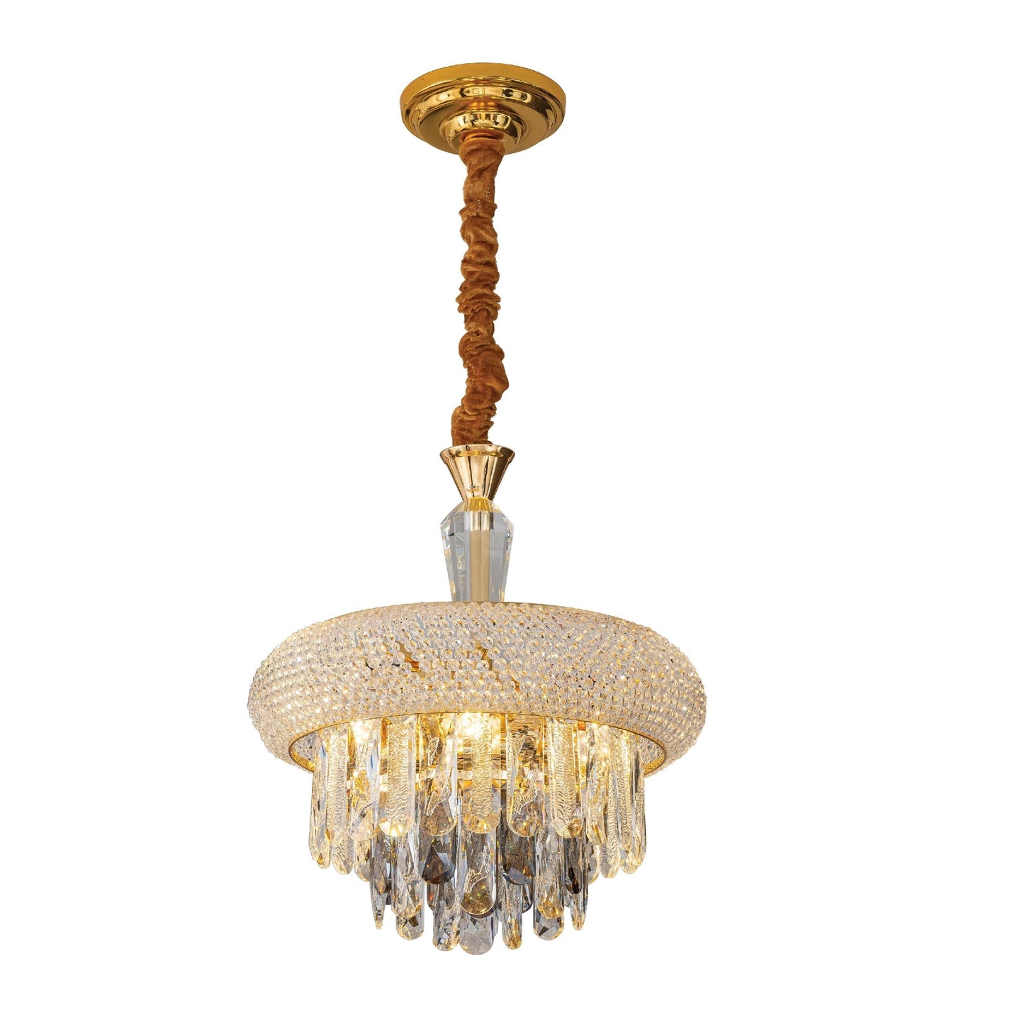 Gold Antique Brass Metal and Crystal Chandelier