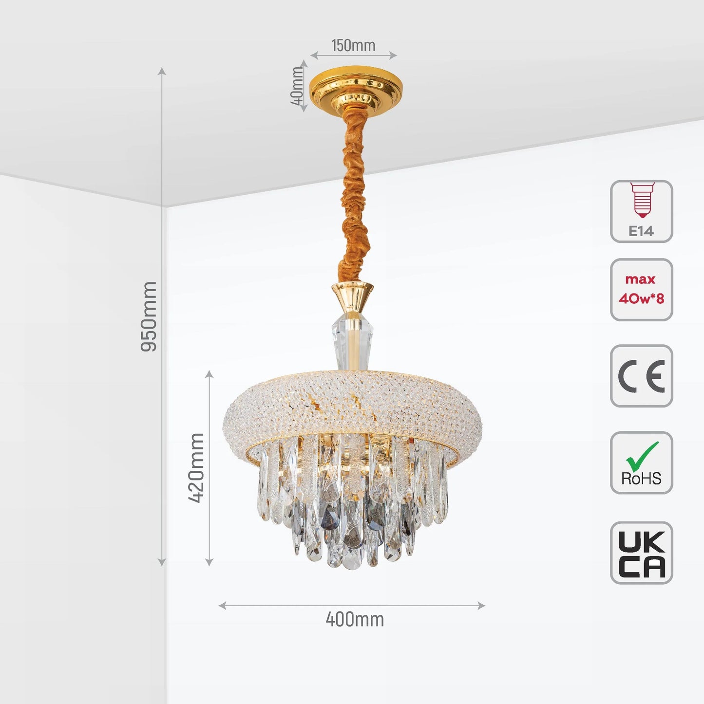Gold Antique Brass Metal and Crystal Chandelier