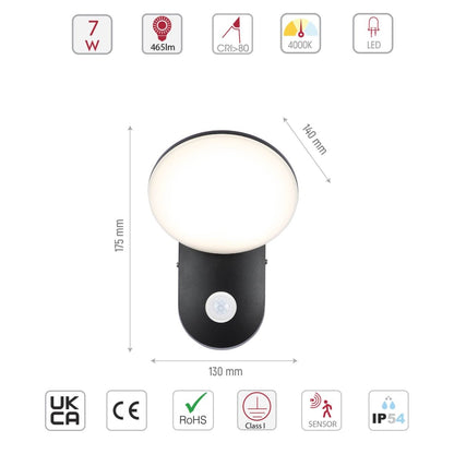 Black UFO LED Outdoor Wall Light with PIR Sensor