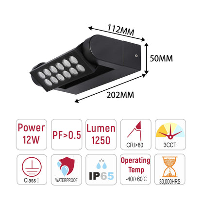 12W Black LED Wall Washer Light, IP65 Outdoor, 3CCT Selectable