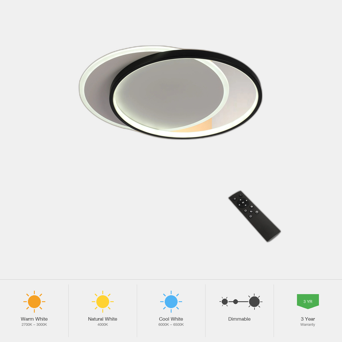 Tekled Dual-Ring LED Ceiling Light, CCT Tunable Dimmable with 