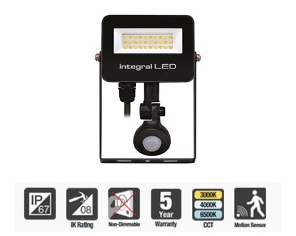 Integral Super Slim 2 Floodlight IP67 1000LM 10W Tuya 3000/4000/6500K PIR 120° Dimmable 100LM/W Black