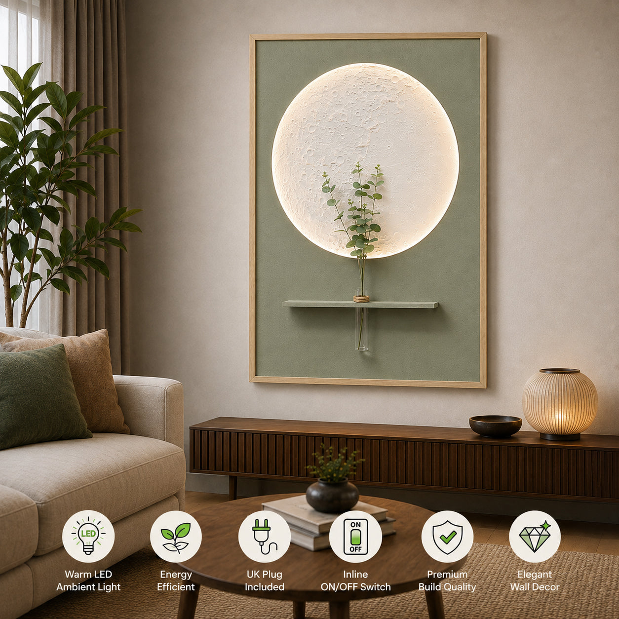 Illuminé Collection LED Wall Art Luxe Floral Vase Illuminated Canvas 83x123cm with UK Plug & ON/OFF Switch