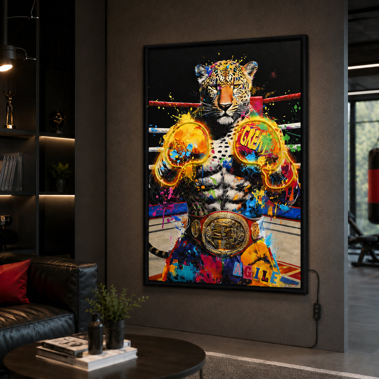 Illuminé Collection LED Wall Art Tiger Boxing Illuminated Canvas 83x123cm with UK Plug & ON/OFF Switch