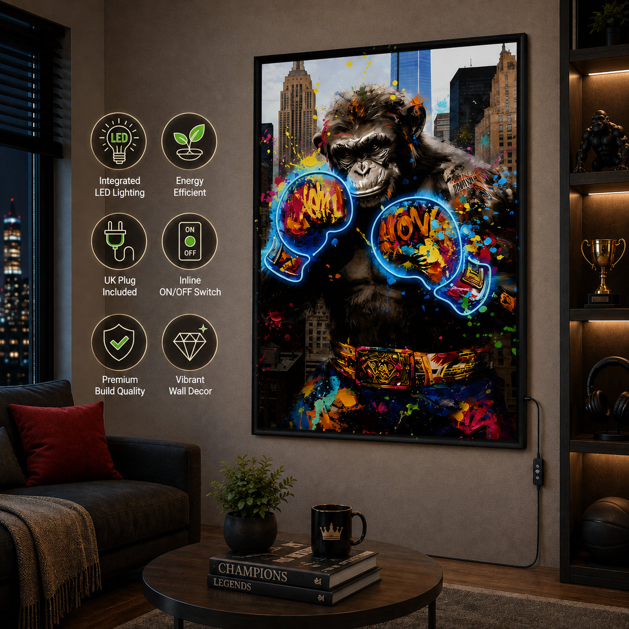 Illuminé Collection LED Wall Art Ape Boxing Illuminated Canvas 83x123cm with UK Plug & ON/OFF Switch