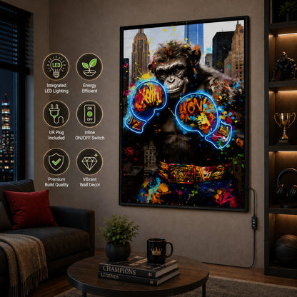Illuminé Collection LED Wall Art Ape Boxing Illuminated Canvas 83x123cm with UK Plug & ON/OFF Switch