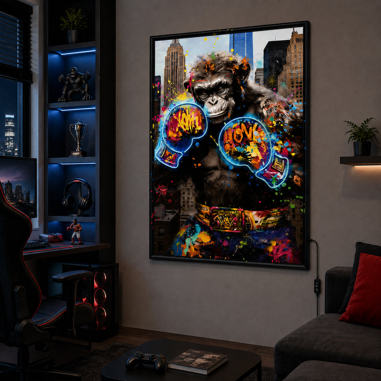 Illuminé Collection LED Wall Art Ape Boxing Illuminated Canvas 83x123cm with UK Plug & ON/OFF Switch