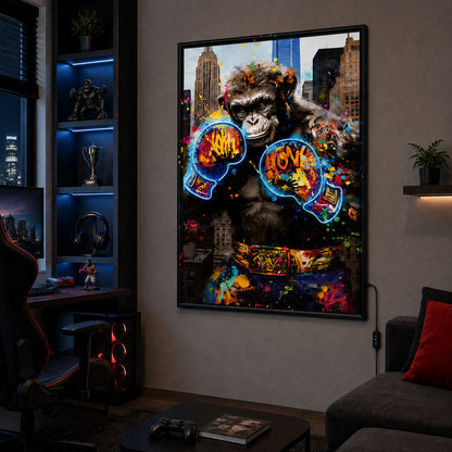 Illuminé Collection LED Wall Art Ape Boxing Illuminated Canvas 83x123cm with UK Plug & ON/OFF Switch